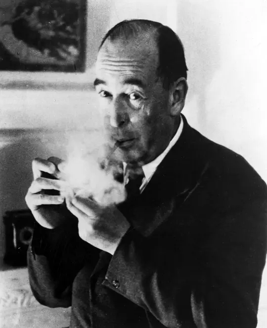 C.S. Lewis smoking a pipe, circa 1957
